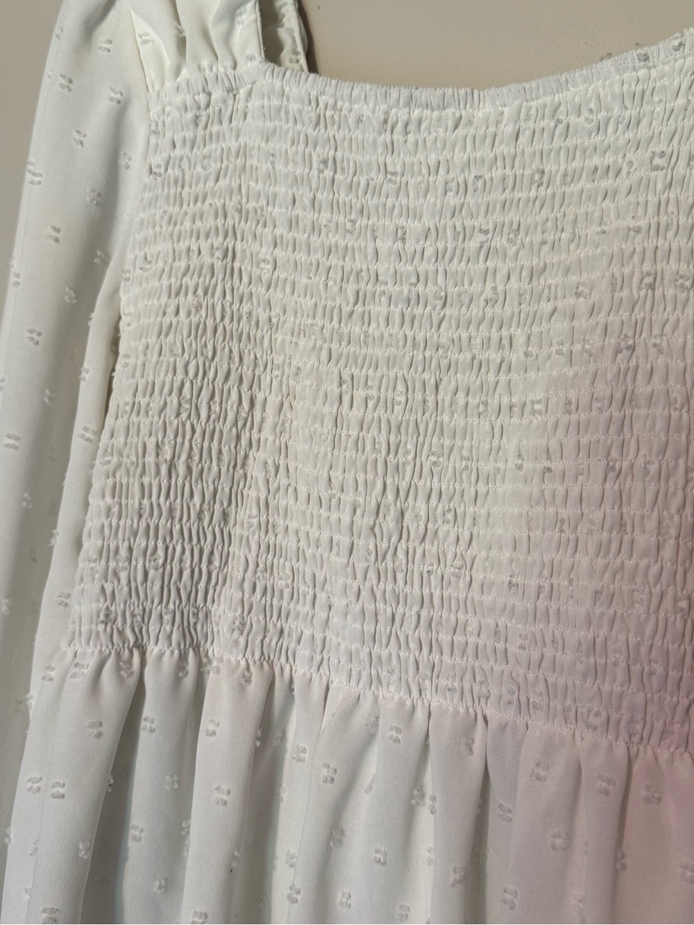 White Smocked Floral Swiss Dot Babydoll Blouse